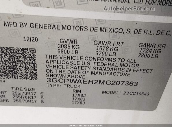 3GCPWAEH2MG207363 2021 CHEVROLET SILVERADO White Vista del compartimento del motor