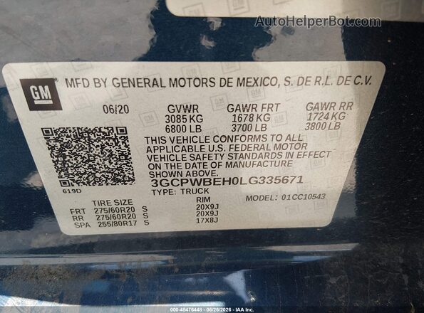 3GCPWBEH0LG335671 2020 CHEVROLET SILVERADO Синий Вид подкапотного пространства