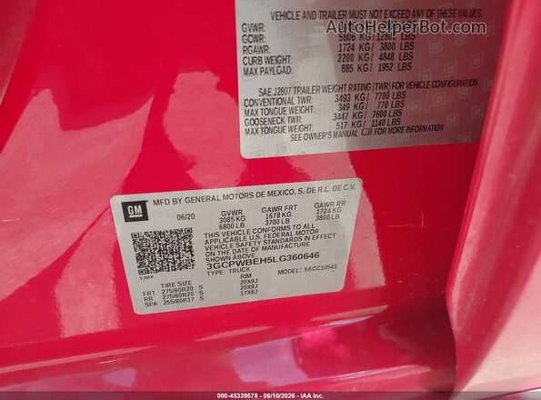 3GCPWBEH5LG360646 2020 CHEVROLET SILVERADO Красный Вид подкапотного пространства