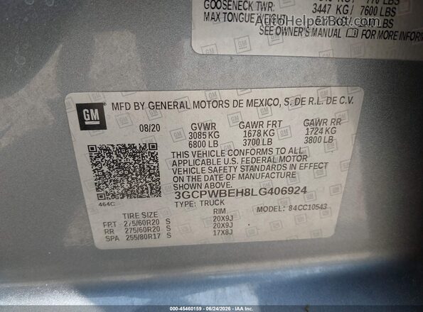 3GCPWBEH8LG406924 2020 CHEVROLET SILVERADO Gray Vista del compartimento del motor