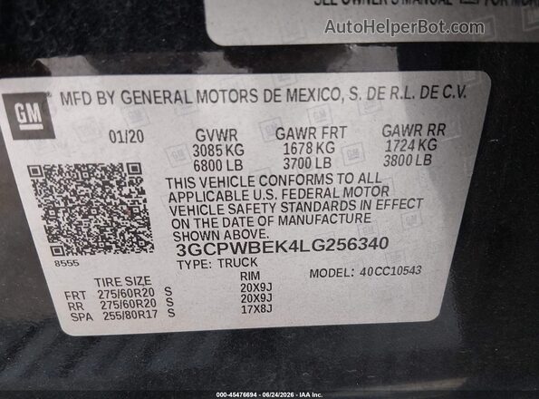 3GCPWBEK4LG256340 2020 CHEVROLET SILVERADO Black Շարժիչի բաժամունքի տեսք