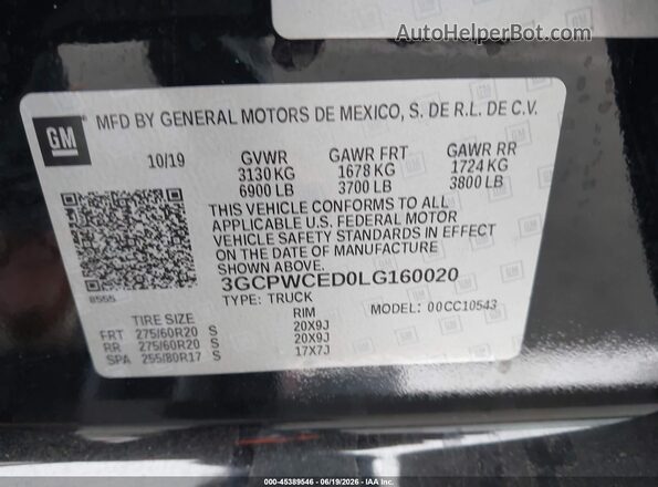 3GCPWCED0LG160020 2020 CHEVROLET SILVERADO Black Вид підкапотного простору