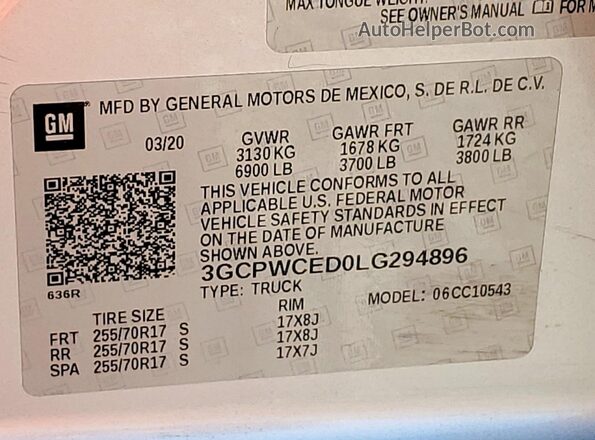 3GCPWCED0LG294896 2020 CHEVROLET SILVERADO Silver VIN կոդի պիտակի տեսք