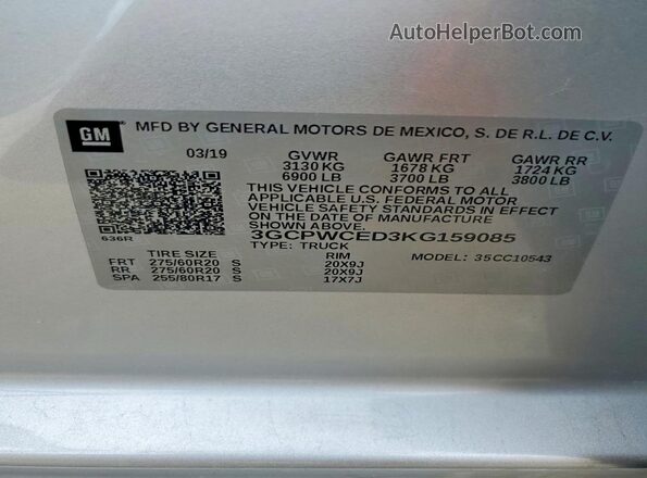 3GCPWCED3KG159085 2019 CHEVROLET SILVERADO Silver Вид підкапотного простору