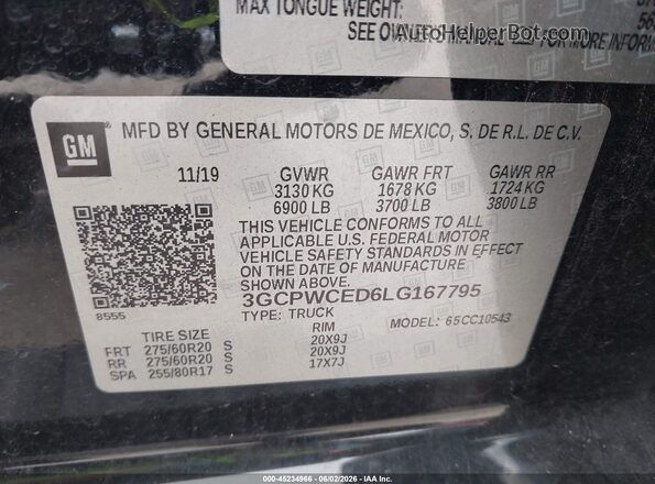 3GCPWCED6LG167795 2020 CHEVROLET SILVERADO Black Շարժիչի բաժամունքի տեսք