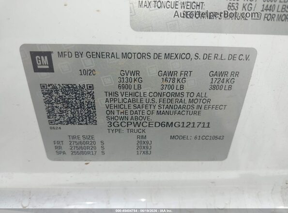 3GCPWCED6MG121711 2021 CHEVROLET SILVERADO White Շարժիչի բաժամունքի տեսք