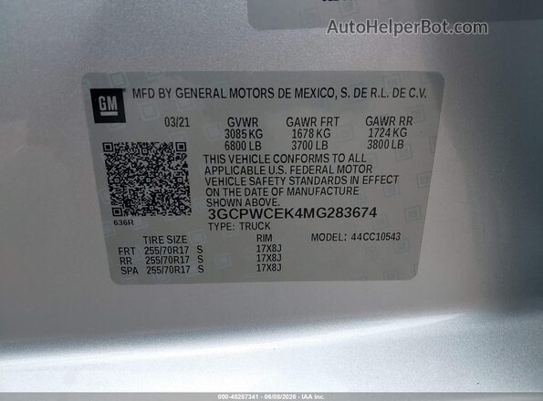 3GCPWCEK4MG283674 2021 CHEVROLET SILVERADO Silver ძრავის განყოფილების ხედი