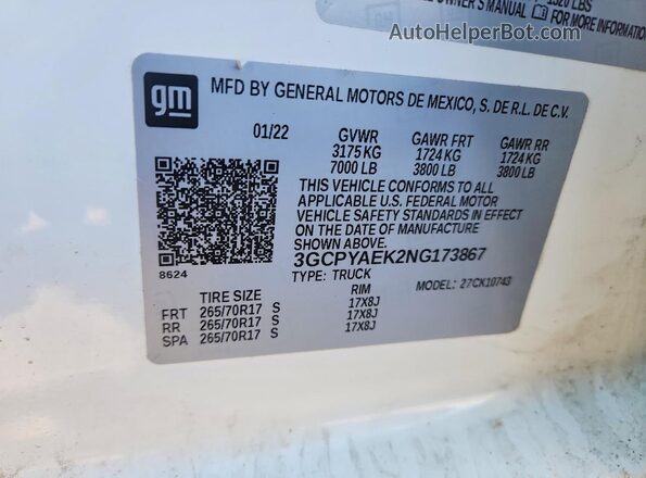 3GCPYAEK2NG173867 2022 CHEVROLET SILVERADO White Vista de la etiqueta del VIN