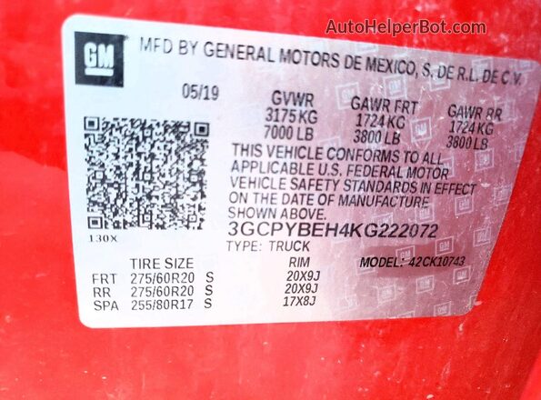 3GCPYBEH4KG222072 2019 CHEVROLET SILVERADO Red 