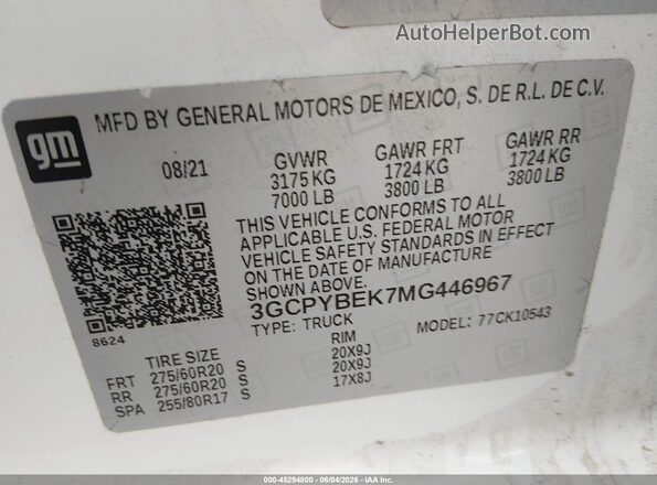 3GCPYBEK7MG446967 2021 CHEVROLET SILVERADO White Widok komory silnika
