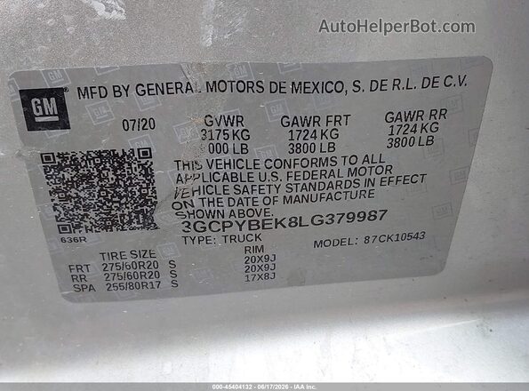 3GCPYBEK8LG379987 2020 CHEVROLET SILVERADO Silver Вид підкапотного простору