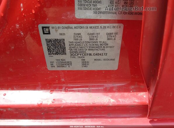 3GCPYCEF8LG434172 2020 CHEVROLET SILVERADO Red Вид підкапотного простору