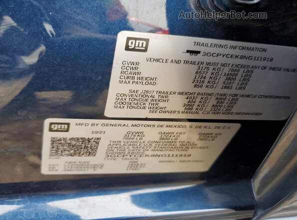 3GCPYCEK8NG111918 2022 CHEVROLET SILVERADO Blue ძრავის განყოფილების ხედი