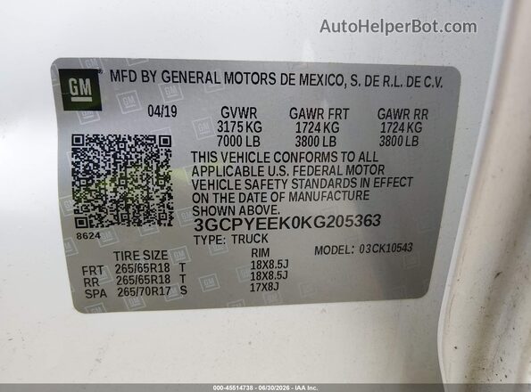 3GCPYEEK0KG205363 2019 CHEVROLET SILVERADO White Вид підкапотного простору