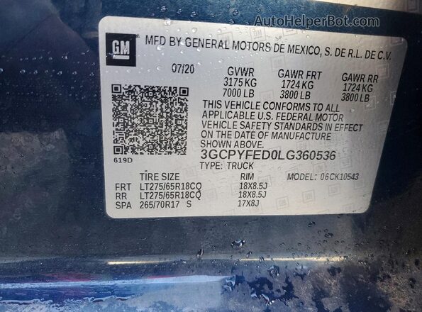 3GCPYFED0LG360536 2020 CHEVROLET SILVERADO Blue Vista de la etiqueta del VIN