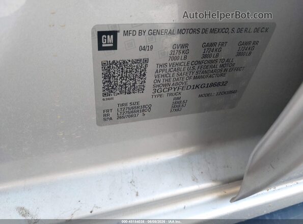 3GCPYFED1KG186832 2019 CHEVROLET SILVERADO Gray Շարժիչի բաժամունքի տեսք