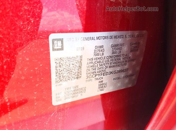 3GCPYFED3KG289637 2019 CHEVROLET SILVERADO Red 
