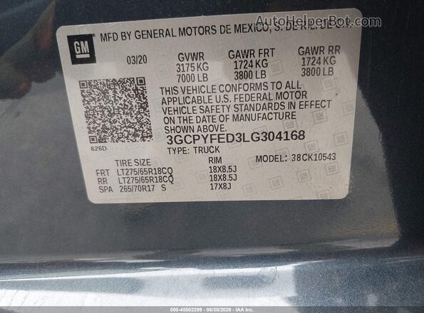 3GCPYFED3LG304168 2020 CHEVROLET SILVERADO Бирюзовый Вид подкапотного пространства