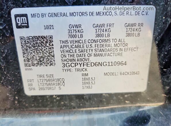 3GCPYFED6NG110964 2022 CHEVROLET SILVERADO Black Вид підкапотного простору