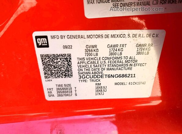3GCUDDET6NG686211 2022 CHEVROLET SILVERADO Red Widok naklejki z numerem VIN