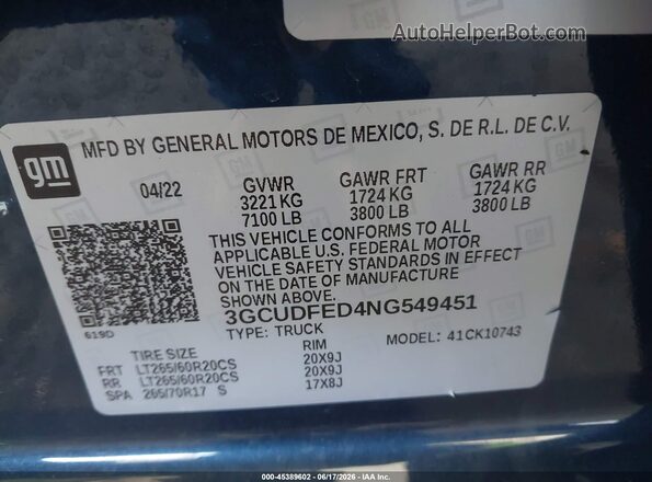 3GCUDFED4NG549451 2022 CHEVROLET SILVERADO Blue Engine compartment view