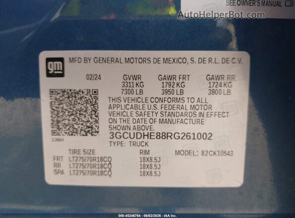 3GCUDHE88RG261002 2024 CHEVROLET SILVERADO Синий Вид подкапотного пространства