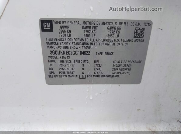 3GCUKNEC2GG104622 2016 CHEVROLET SILVERADO White Vista de la etiqueta del VIN