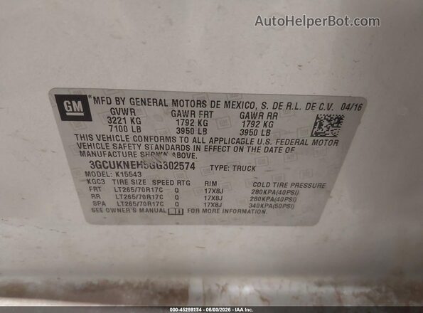 3GCUKNEH5GG302574 2016 CHEVROLET SILVERADO Silver 
