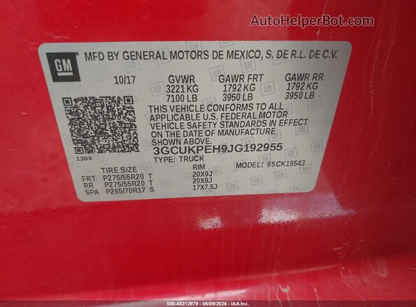 3GCUKPEH9JG192955 2018 CHEVROLET SILVERADO Red Engine compartment view