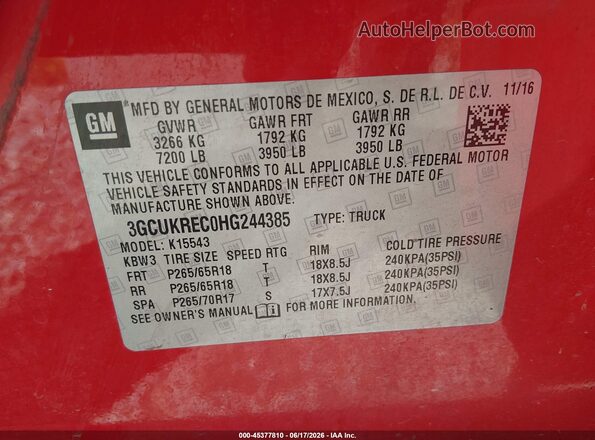 3GCUKREC0HG244385 2017 CHEVROLET SILVERADO Red Engine compartment view