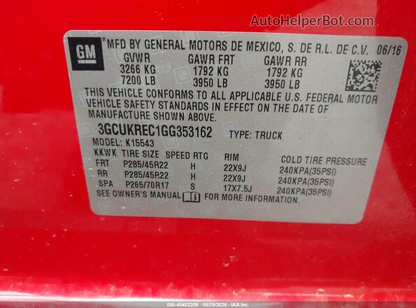 3GCUKREC1GG353162 2016 CHEVROLET SILVERADO Красный Вид подкапотного пространства