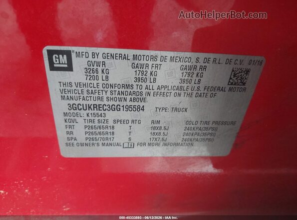 3GCUKREC3GG195584 2016 CHEVROLET SILVERADO Red Շարժիչի բաժամունքի տեսք