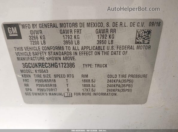 3GCUKREC3HG172386 2017 CHEVROLET SILVERADO White Շարժիչի բաժամունքի տեսք