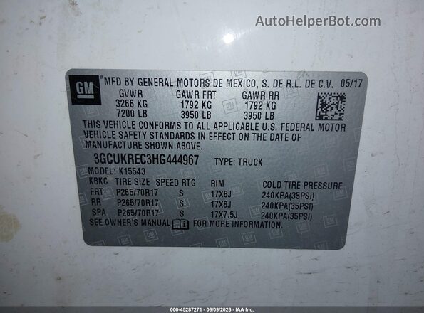3GCUKREC3HG444967 2017 CHEVROLET SILVERADO White Widok komory silnika
