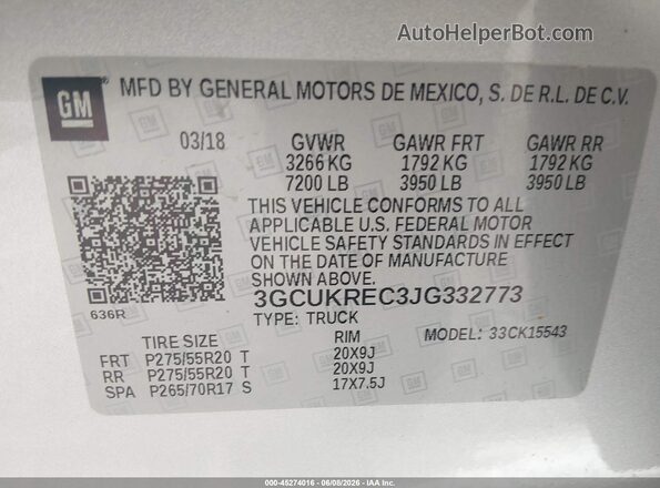 3GCUKREC3JG332773 2018 CHEVROLET SILVERADO Silver 