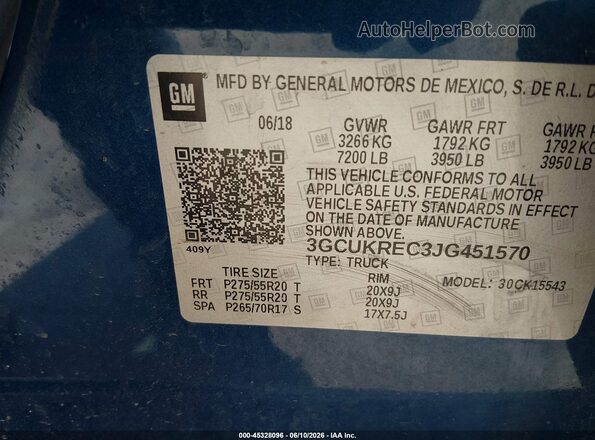 3GCUKREC3JG451570 2018 CHEVROLET SILVERADO Blue Շարժիչի բաժամունքի տեսք