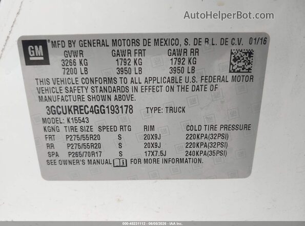 3GCUKREC4GG193178 2016 CHEVROLET SILVERADO White Вид підкапотного простору