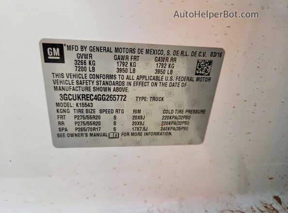 3GCUKREC4GG265772 2016 CHEVROLET SILVERADO White Widok naklejki z numerem VIN