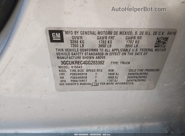 3GCUKREC4GG283382 2016 CHEVROLET SILVERADO Silver Вид підкапотного простору