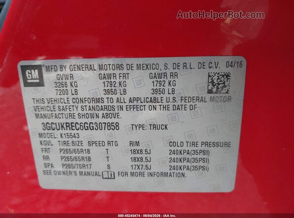 3GCUKREC6GG307858 2016 CHEVROLET SILVERADO Red Vista del compartimento del motor