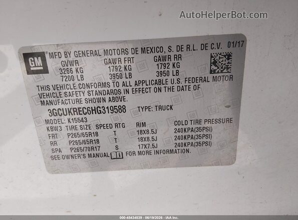 3GCUKREC6HG319588 2017 CHEVROLET SILVERADO White Widok komory silnika