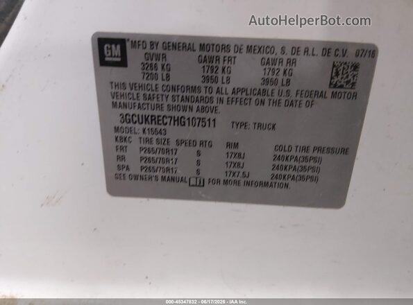 3GCUKREC7HG107511 2017 CHEVROLET SILVERADO White Շարժիչի բաժամունքի տեսք