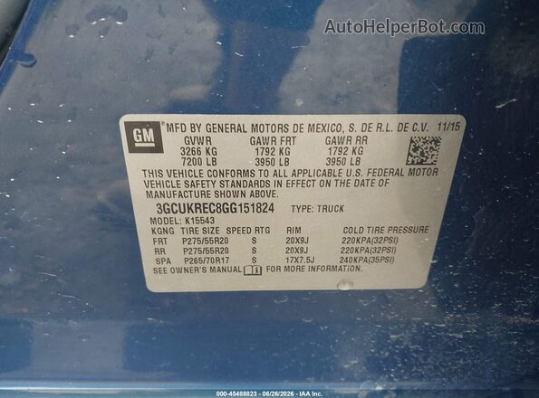 3GCUKREC8GG151824 2016 CHEVROLET SILVERADO Blue Engine compartment view