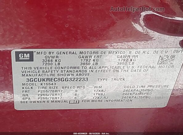 3GCUKREC8GG322233 2016 CHEVROLET SILVERADO Red Շարժիչի բաժամունքի տեսք