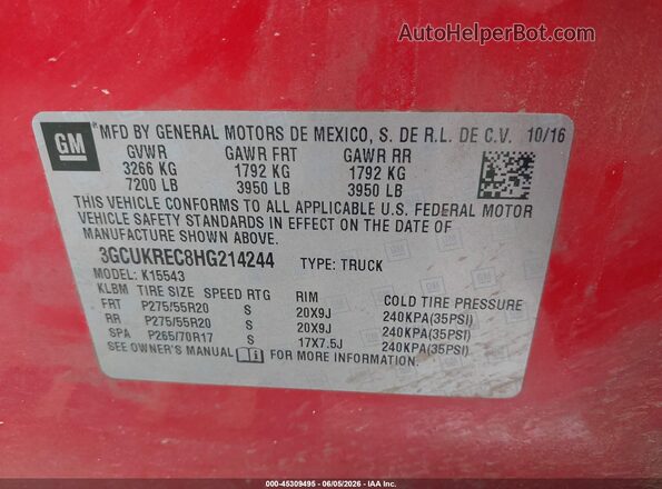 3GCUKREC8HG214244 2017 CHEVROLET SILVERADO Red Շարժիչի բաժամունքի տեսք
