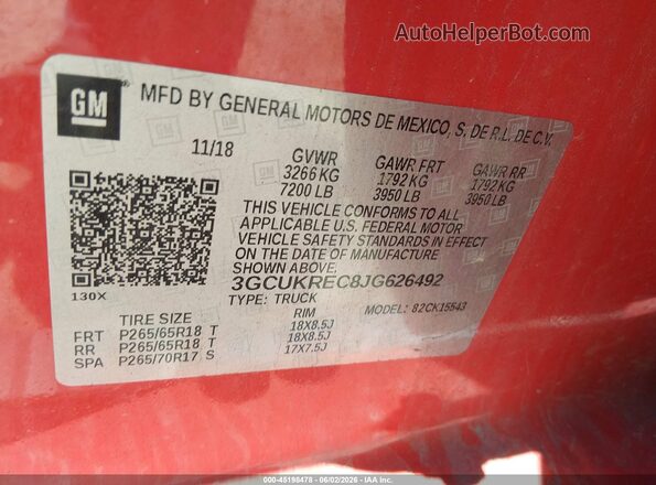 3GCUKREC8JG626492 2018 CHEVROLET SILVERADO Red 