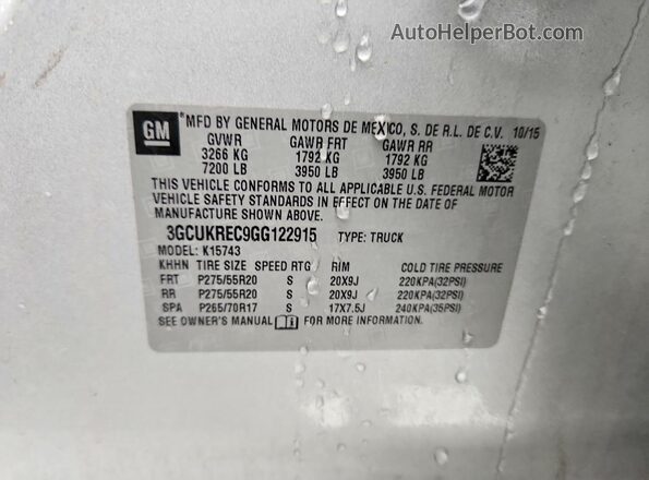 3GCUKREC9GG122915 2016 CHEVROLET SILVERADO Серебряный 