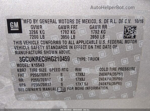 3GCUKREC9HG210459 2017 CHEVROLET SILVERADO Silver Շարժիչի բաժամունքի տեսք