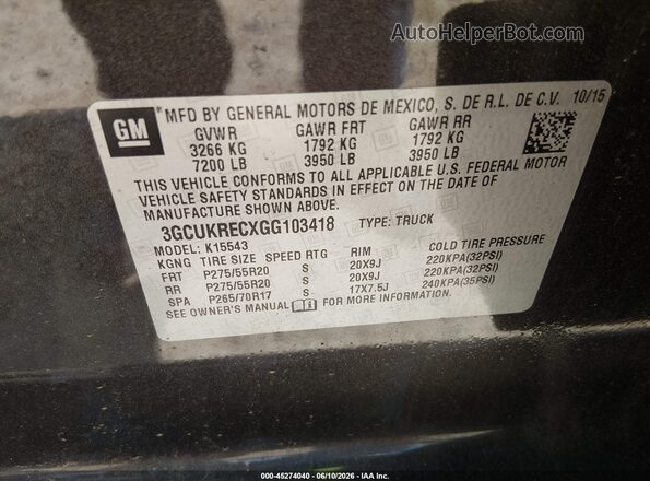 3GCUKRECXGG103418 2016 CHEVROLET SILVERADO Gray Շարժիչի բաժամունքի տեսք