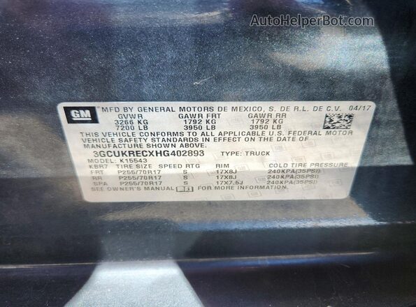 3GCUKRECXHG402893 2017 CHEVROLET SILVERADO Черный Вид наклейки с VIN-кодом